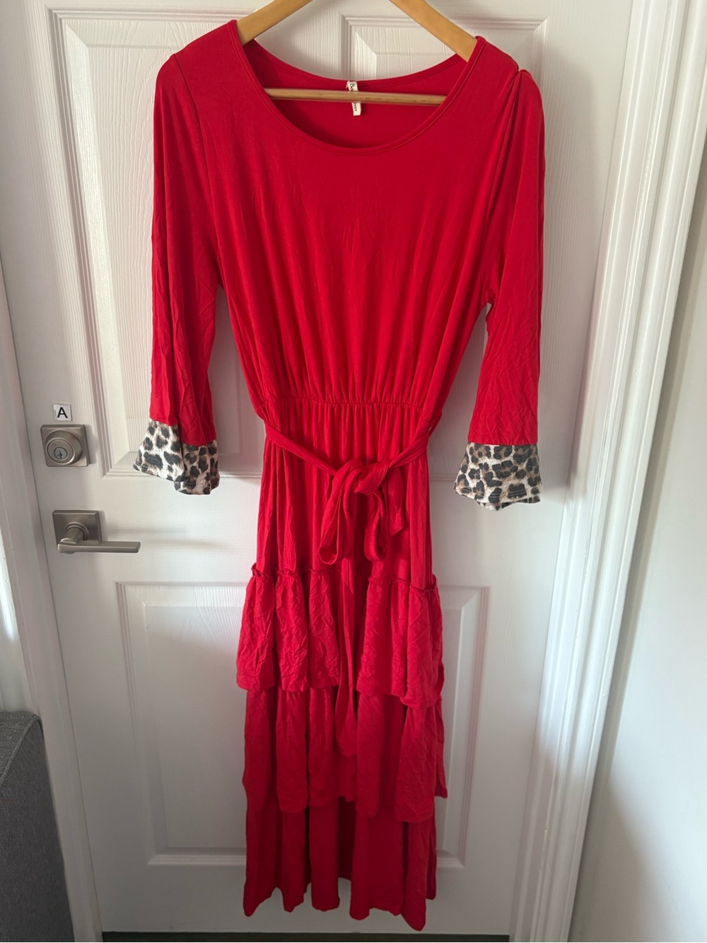 Beeson River Red Peasant Tiered Maxi Dress Leopard Cuff Modest Prairie Boho 1XL